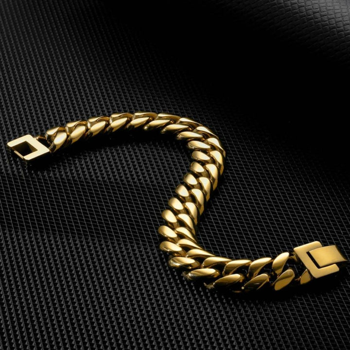12mm Stainless Miami Cuban Link Bracelet Box Clasp 14K Gold - Markus Dayan