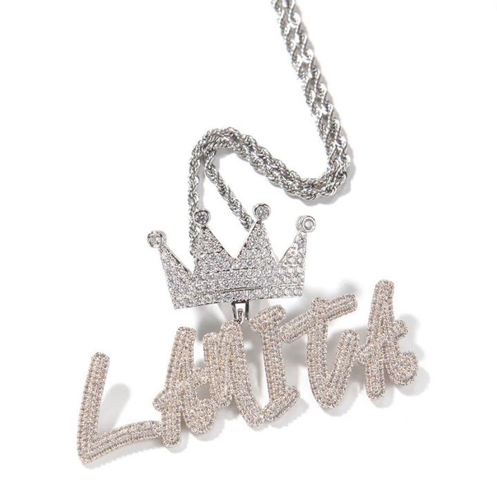 Big Crown Hook Iced Custom Cursive Letters Name Necklace - Markus Dayan