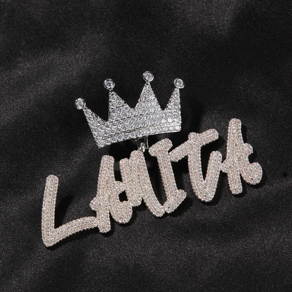 Big Crown Hook Iced Custom Cursive Letters Name Necklace - Markus Dayan