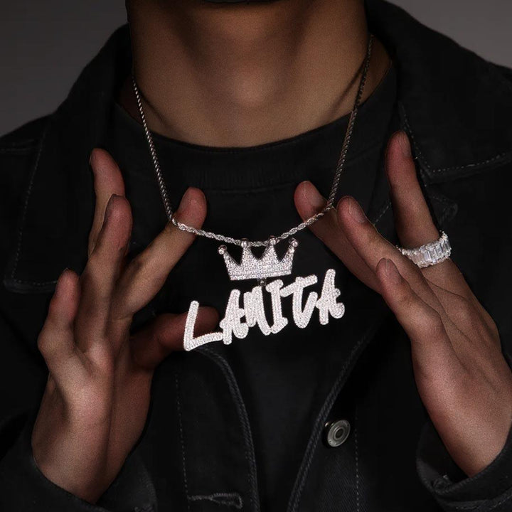 Big Crown Hook Iced Custom Cursive Letters Name Necklace - Markus Dayan
