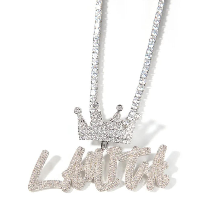 Big Crown Hook Iced Custom Cursive Letters Name Necklace - Markus Dayan
