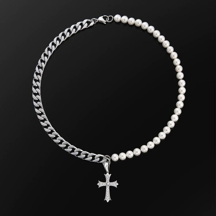 White Gold Cuban Link Pearl Necklace with Diamond Cross Pendant
