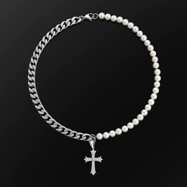 White Gold Cuban Link Pearl Necklace with Diamond Cross Pendant