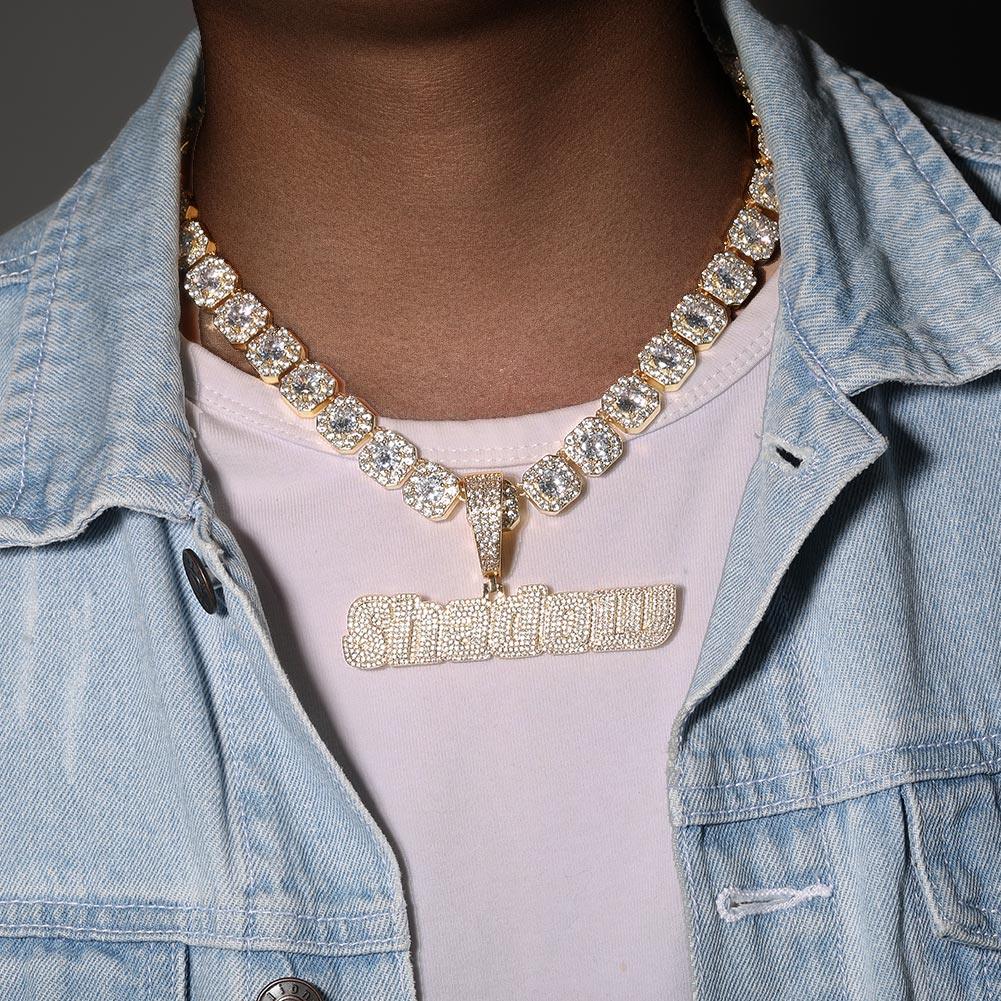 Custom Italic Letter Name with Clustered Baguette Chain Necklace - Markus Dayan