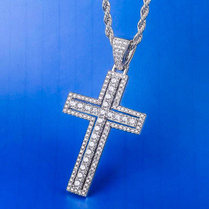 Iced Cross Necklace with Double-Layered Cross Pendant in White Gold - Markus Dayan