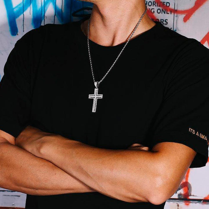 Iced Cross Necklace with Double-Layered Cross Pendant in White Gold - Markus Dayan