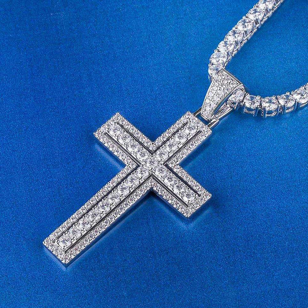 Iced Cross Necklace with Double-Layered Cross Pendant in White Gold - Markus Dayan