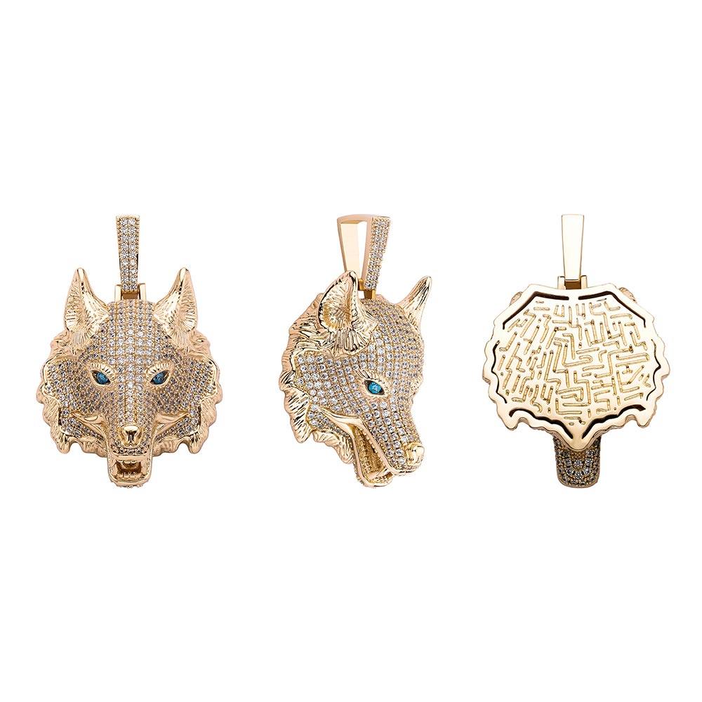 Iced Wolf Head Necklace Pendant 14K Gold - Markus Dayan