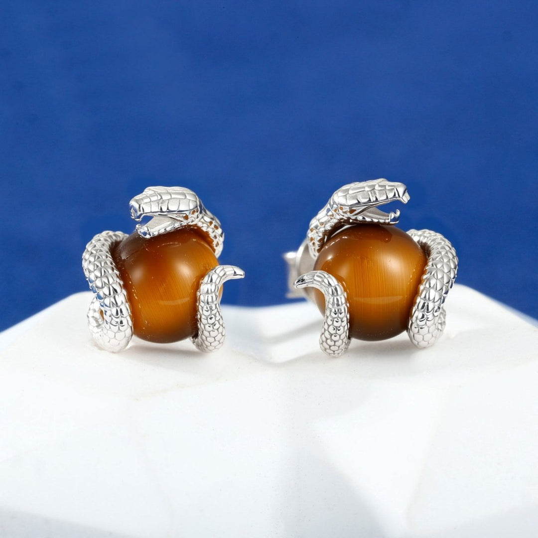 925 Sterling Silver Tiger's Eye Stone Push Back Snake - Markus Dayan