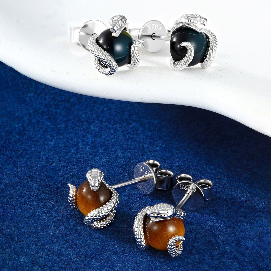 925 Sterling Silver Tiger's Eye Stone Push Back Snake - Markus Dayan