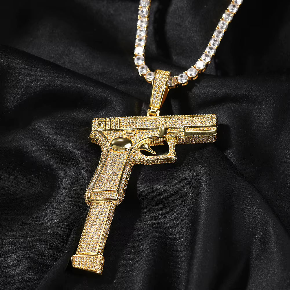Iced Bling Pistol Pendant 14K Gold Plated