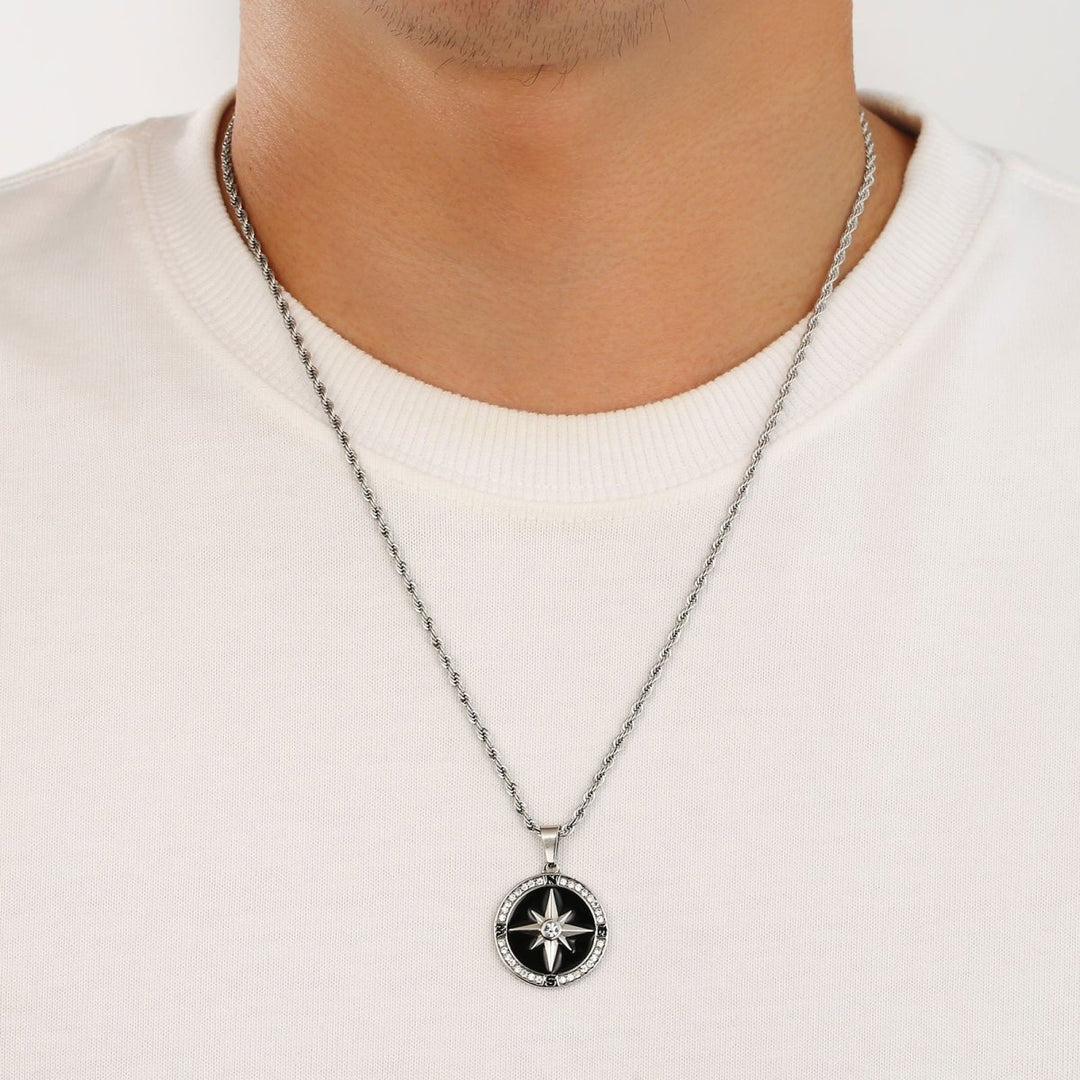 Iced Compass Coin Pendant Necklace Black - Markus Dayan