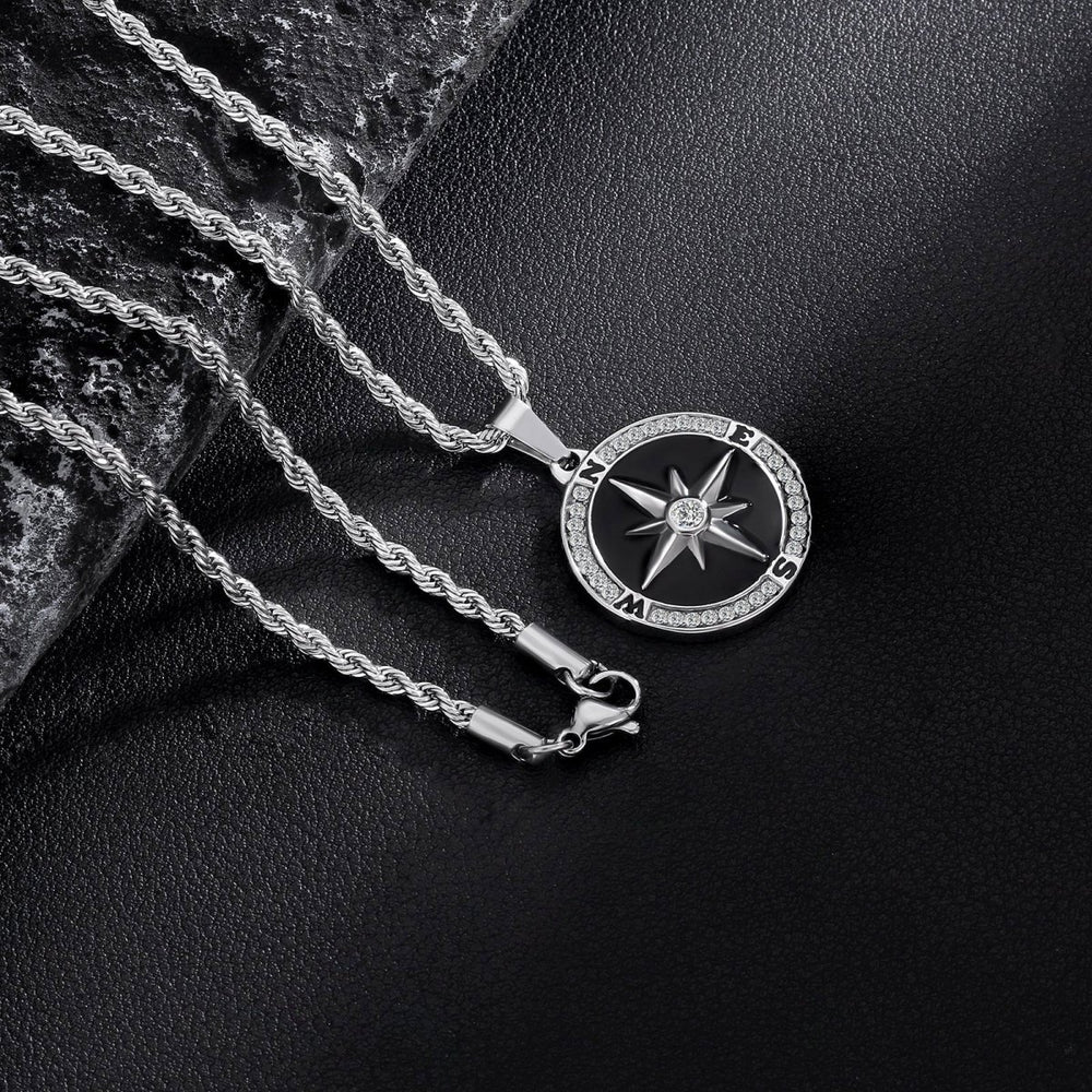 Iced Compass Coin Pendant Necklace Black - Markus Dayan
