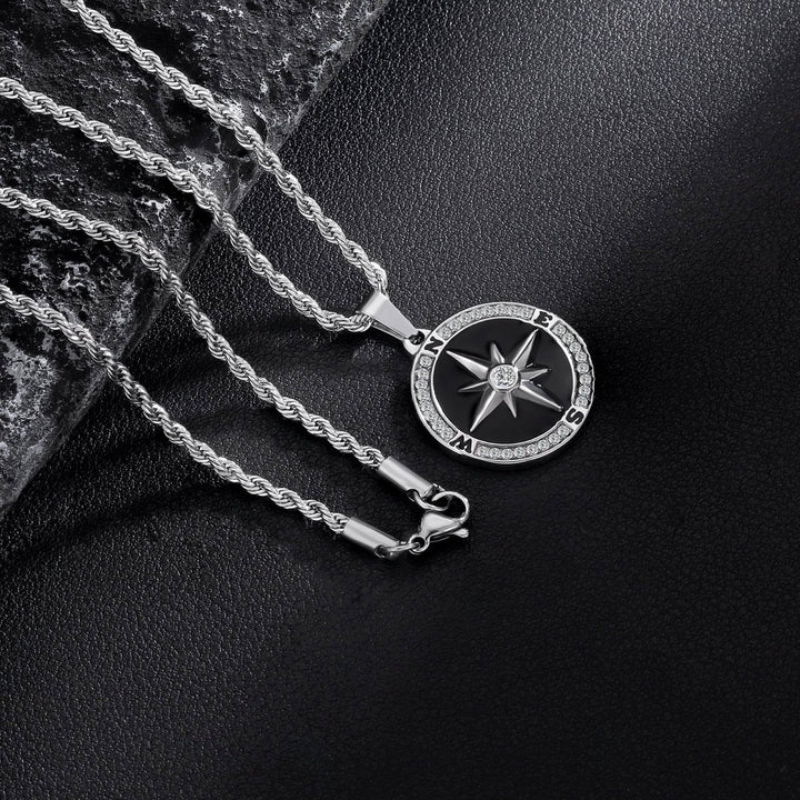 Iced Compass Coin Pendant Necklace Black - Markus Dayan