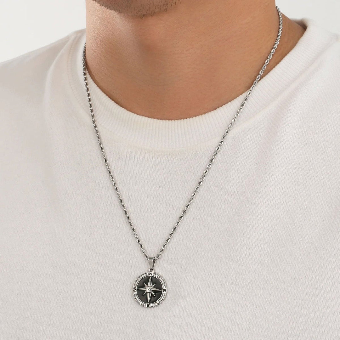 Iced Compass Coin Pendant Necklace Black - Markus Dayan