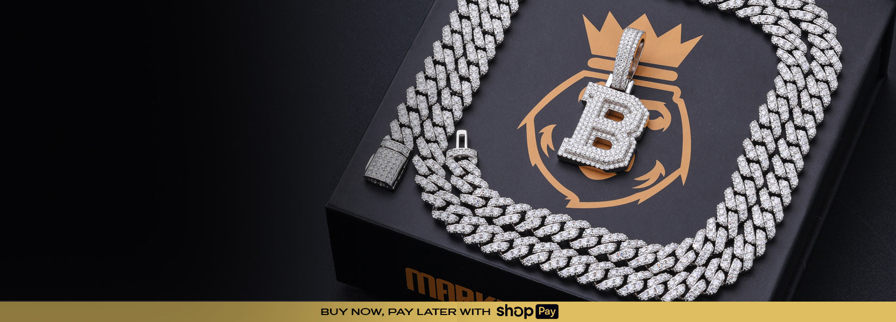 Iced 14mm diamond Cuban link chain with pavé letter "B" pendant on black box