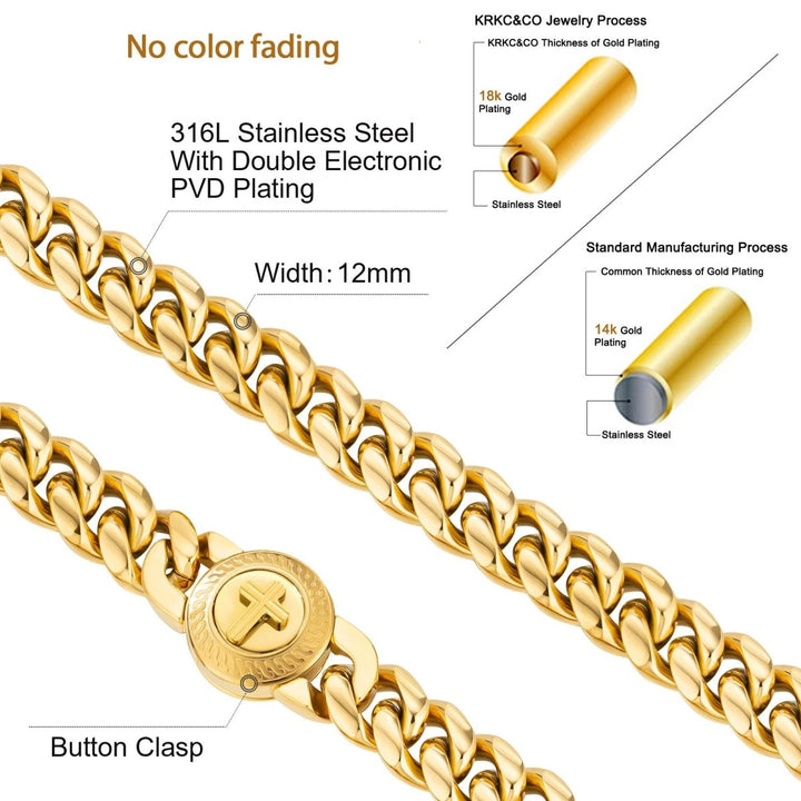 New 12mm Miami Cuban Link Chain Cross Button Clasp - Markus Dayan