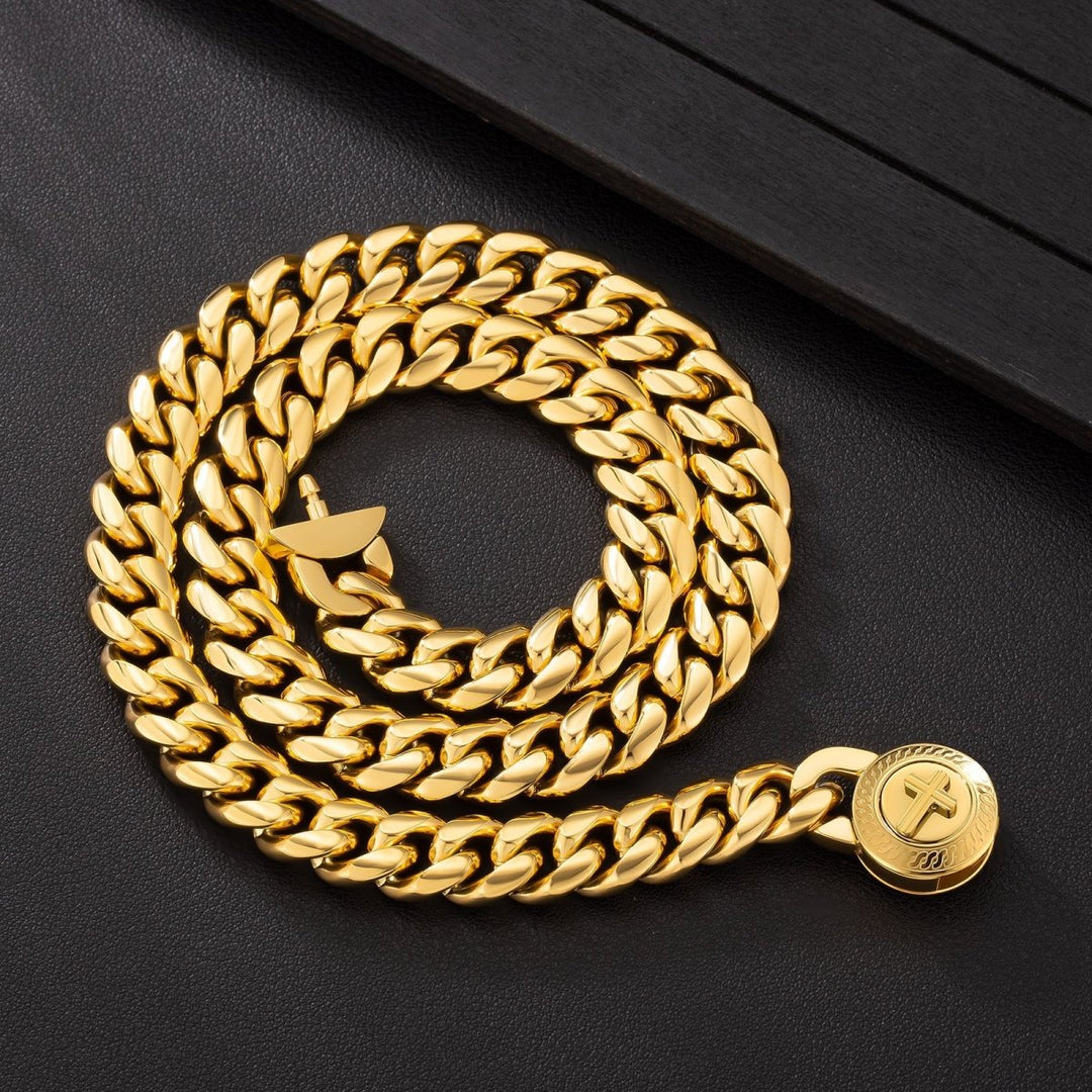 New 12mm Miami Cuban Link Chain Cross Button Clasp - Markus Dayan