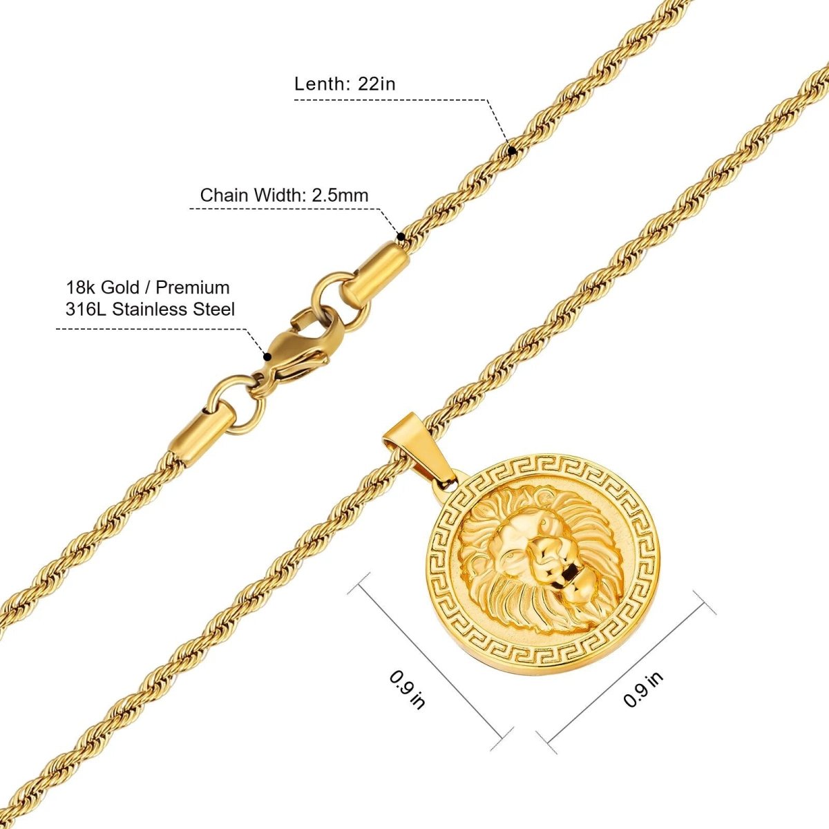 Gold Stainless Steel Lion Head Pendant With 30" Box Chain - 44g, 316L, R518