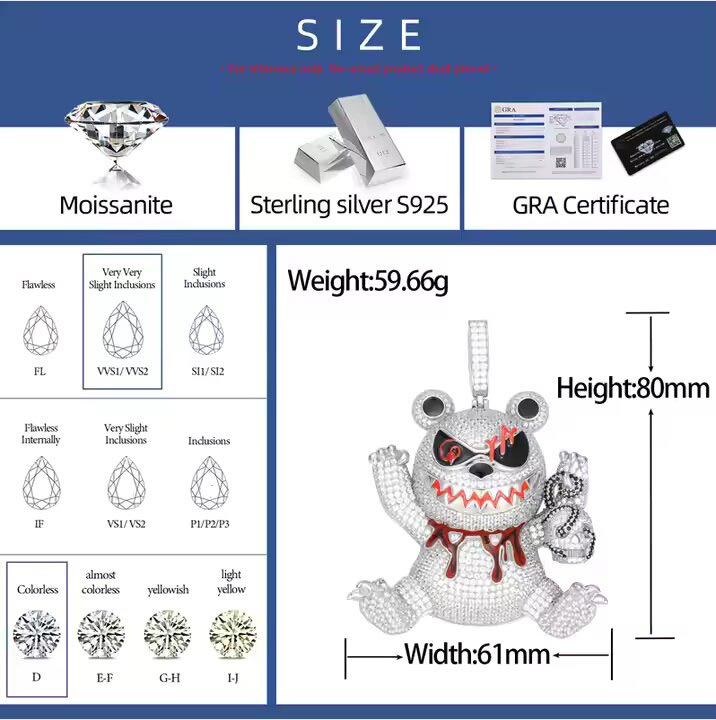 S925 Moissanite Large Cartoon Wizard Killer Bear Pendant – Markus