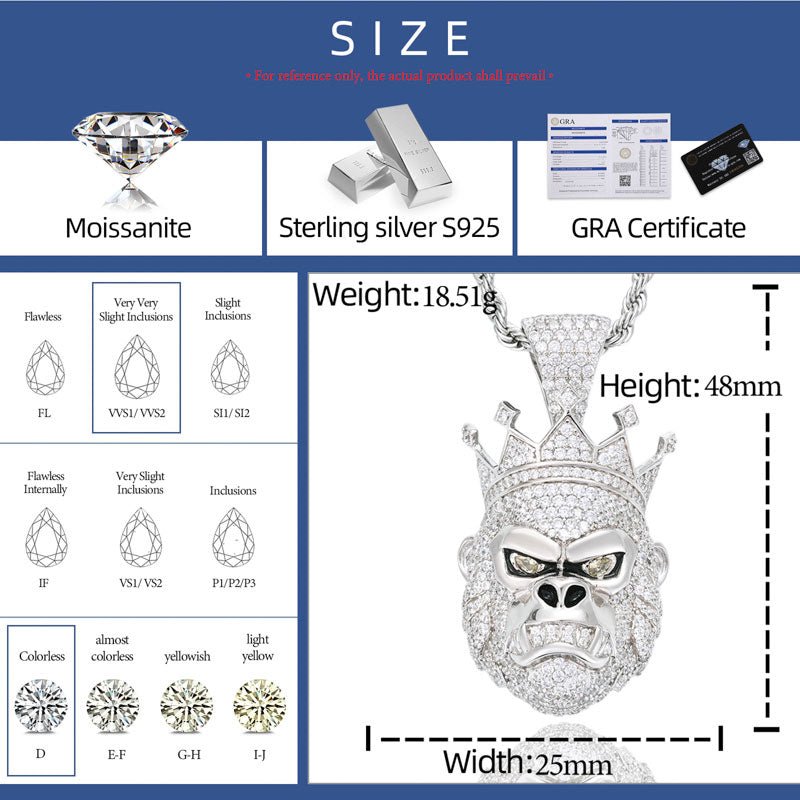 S925 VVS1 Moissanite Diamond King Kong Charm Pendant - Markus Dayan