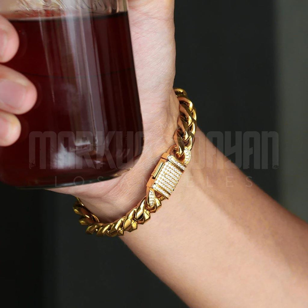 12mm Iced Clasp Miami Cuban Link Bracelet 18K Gold - Markus Dayan