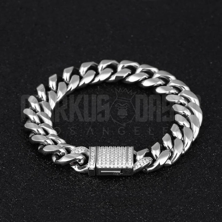 12mm Iced Clasp Miami Cuban Link Bracelet in White Gold - Markus Dayan