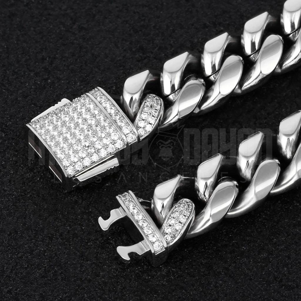 12mm Iced Clasp Miami Cuban Link Bracelet in White Gold - Markus Dayan
