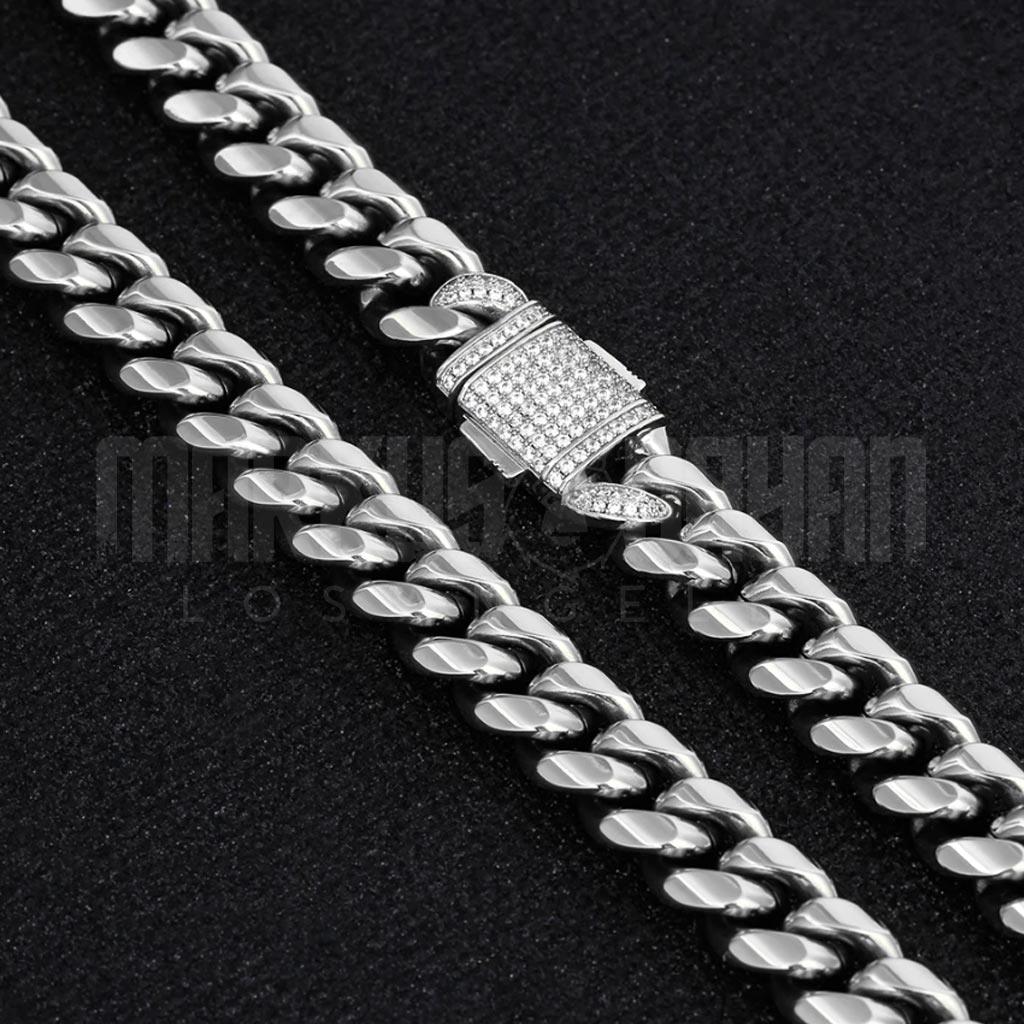 12mm Miami Cuban Chain Iced Clasp in White Gold - Markus Dayan