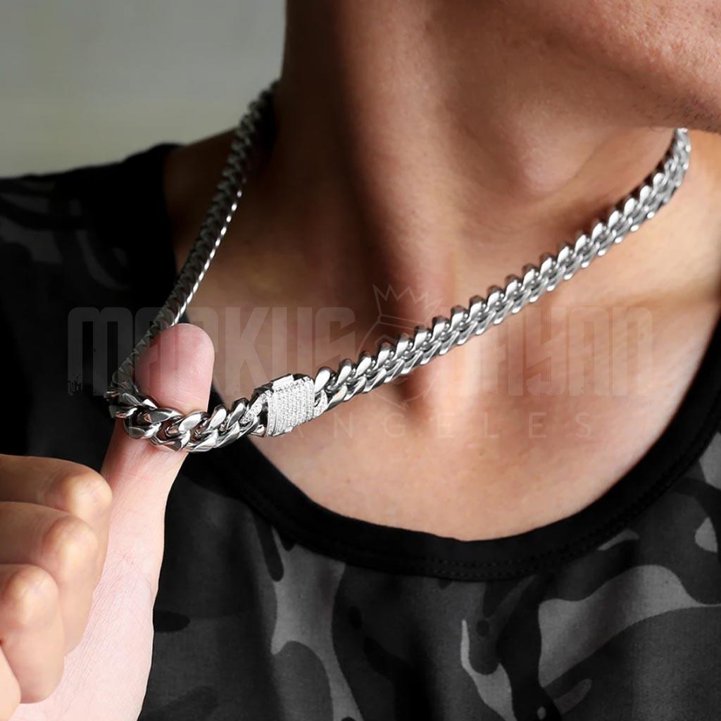 12mm Miami Cuban Chain Iced Clasp in White Gold - Markus Dayan