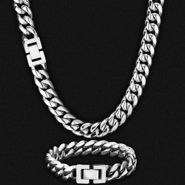 12mm Miami Cuban Link Chain&Bracelet Box Clasp Set White Gold - Markus Dayan