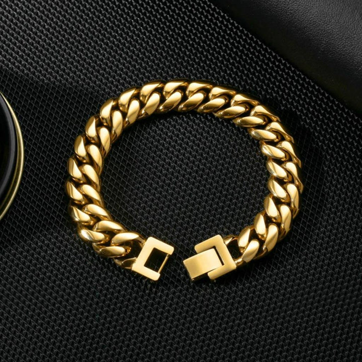 12mm Stainless Miami Cuban Link Bracelet Box Clasp 14K Gold - Markus Dayan