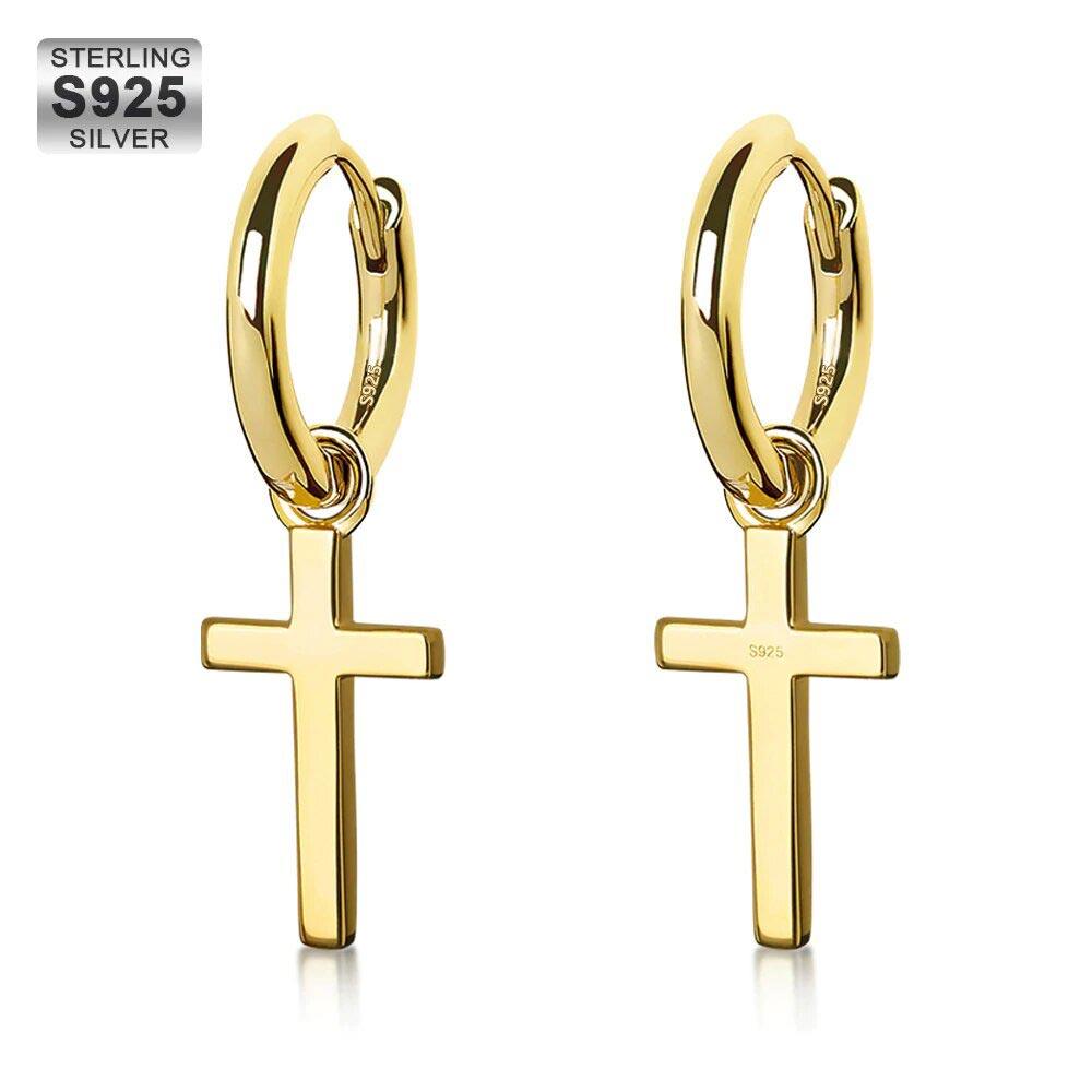 14K Gold/White Gold Sterling Silver Dangle Cross Hoop Mens Earrings - Markus Dayan
