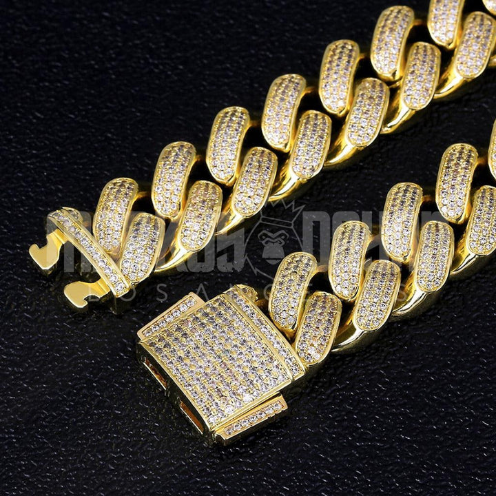 18mm Iced Cuban Bracelet Three Rows Gems 14k Gold - Markus Dayan