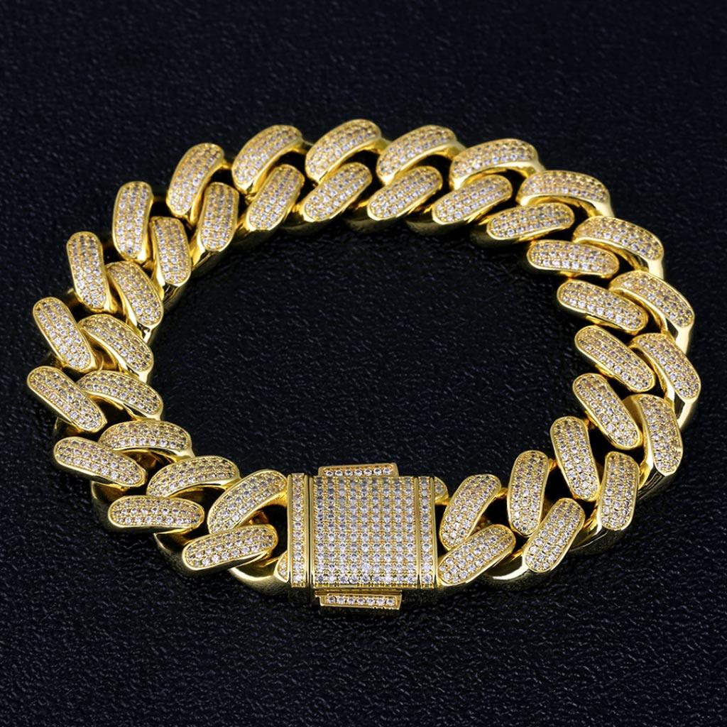 18mm Iced Cuban Bracelet Three Rows Gems 14k Gold - Markus Dayan