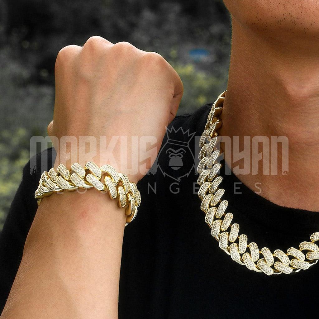 18mm Iced Cuban Bracelet Three Rows Gems 14k Gold - Markus Dayan