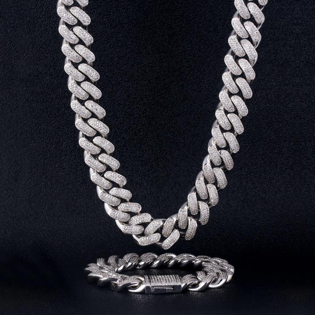 18mm Iced Cuban Chain Three Rows Gems in White Gold - Markus Dayan
