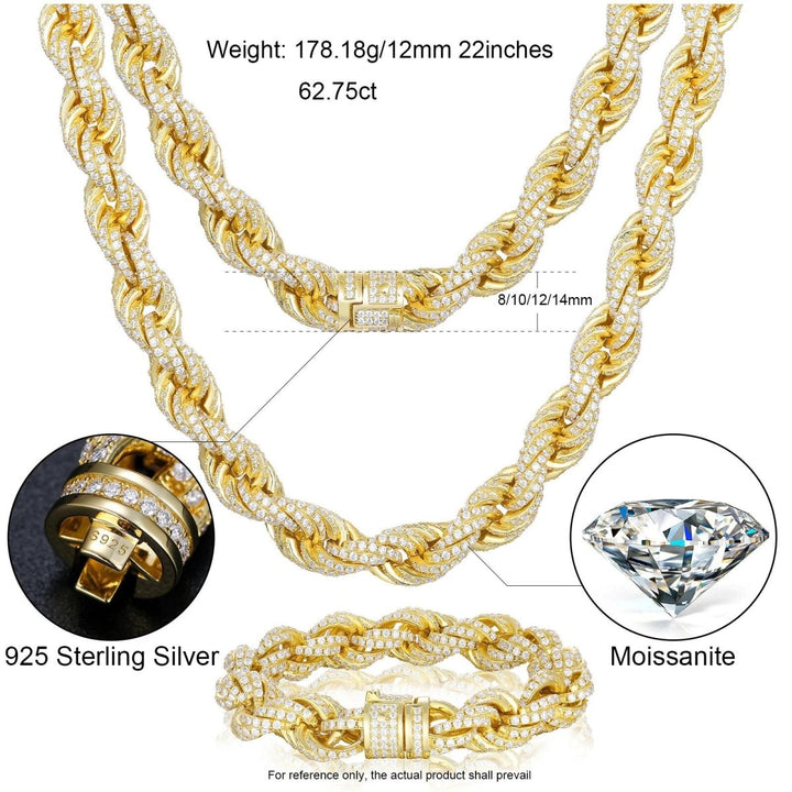 8mm-14mm S925 VVS Moissanite Iced Rope Chain - Markus Dayan