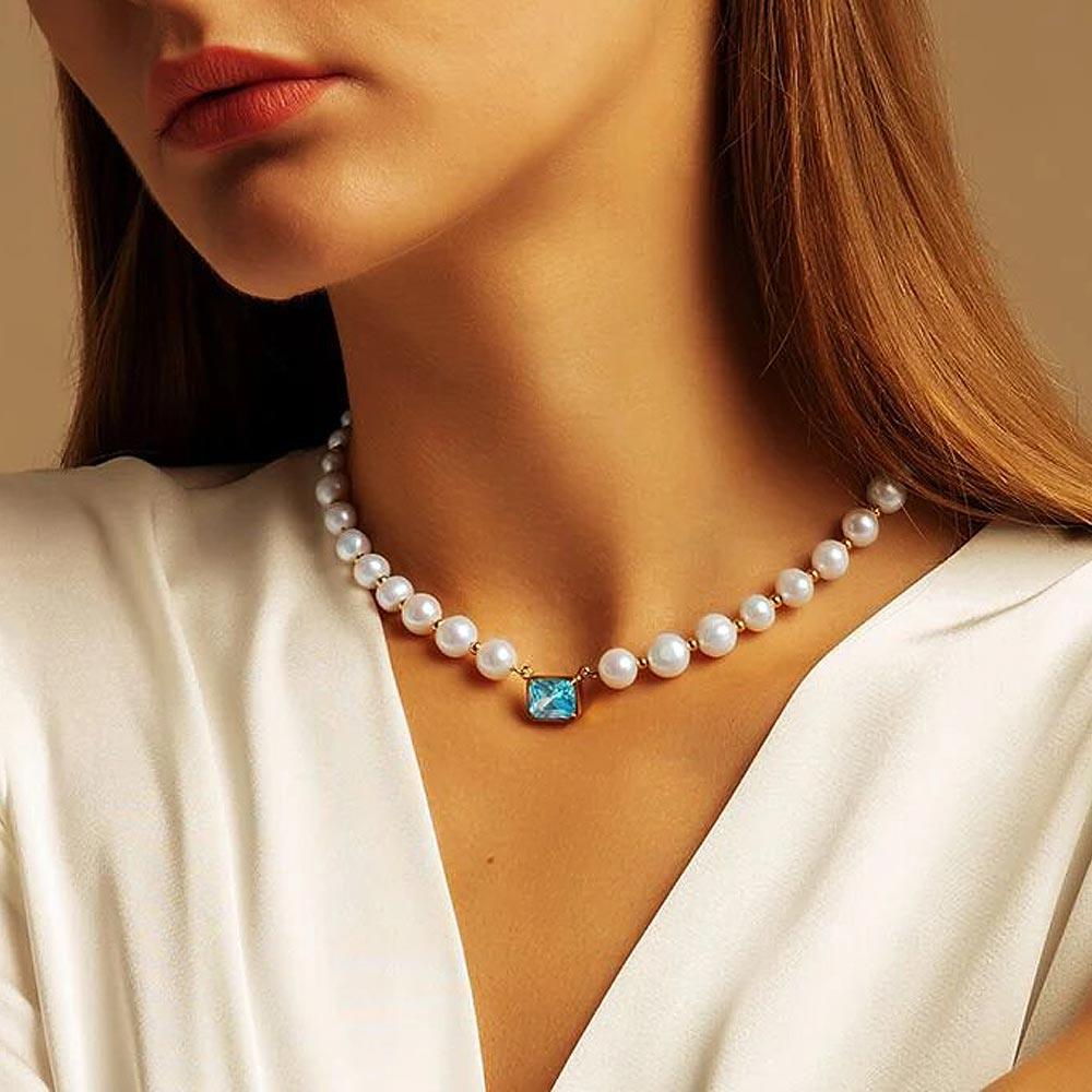 8mm September Birthstone Aqua Blue Diamond Pearl Necklace for Women - Markus Dayan
