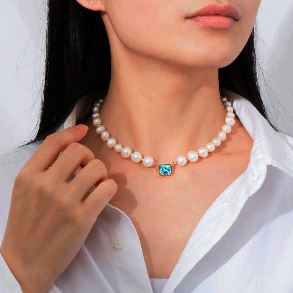 8mm September Birthstone Aqua Blue Diamond Pearl Necklace for Women - Markus Dayan