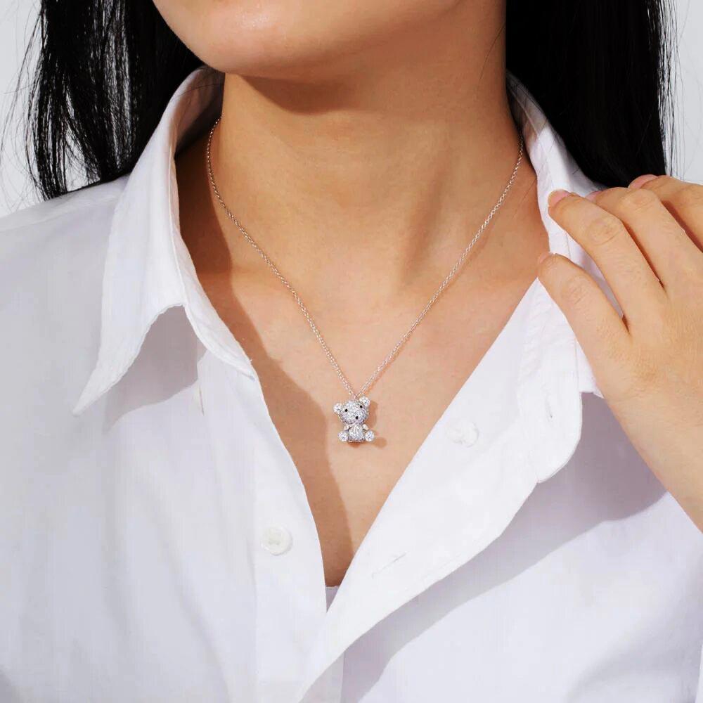 925 Sterling Silver Diamond Bear Pendant Necklace in White Gold for Women - Markus Dayan