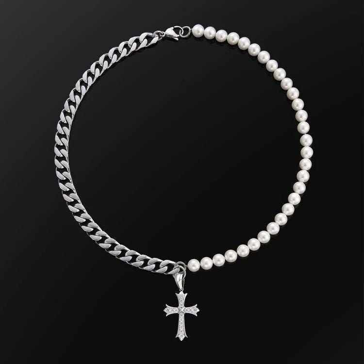 Cuban Link Pearl Necklace in White Gold with 10mm Cuban Link Chain and Diamond Cross Pendant - Markus Dayan