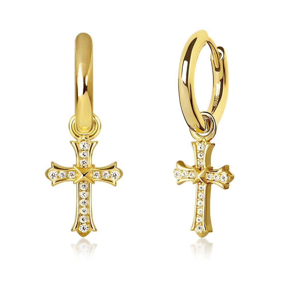 Diamond Dangle Cross Earrings for Men (15mm) in 14K Gold - Markus Dayan