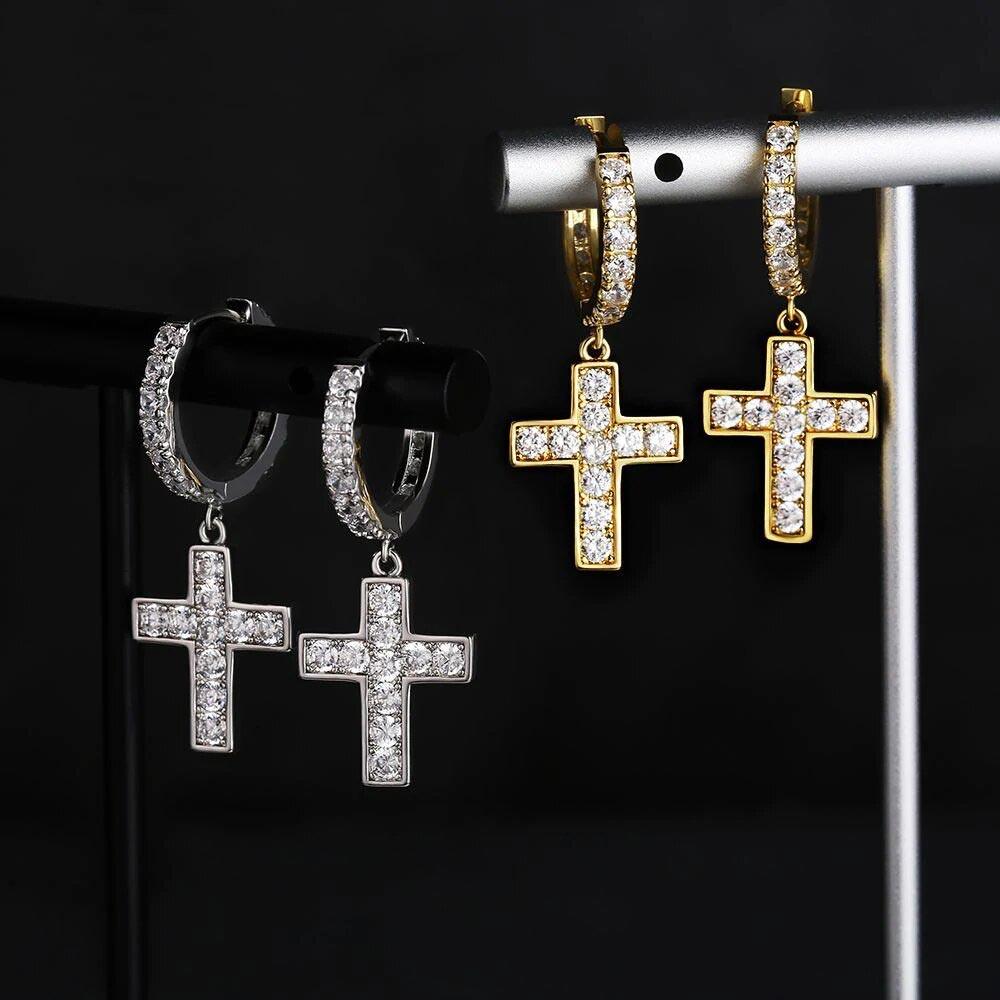 Diamond Gold Hoop Earrings for Men with CZ Dangle Cross - Markus Dayan