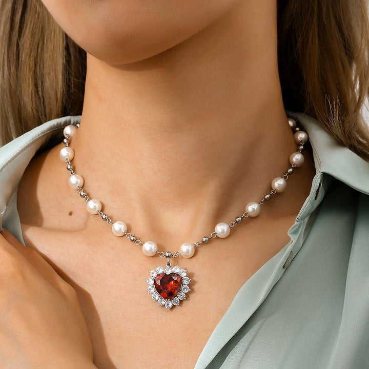 Diamond Red Ruby Pendant Pearl Necklace - Markus Dayan