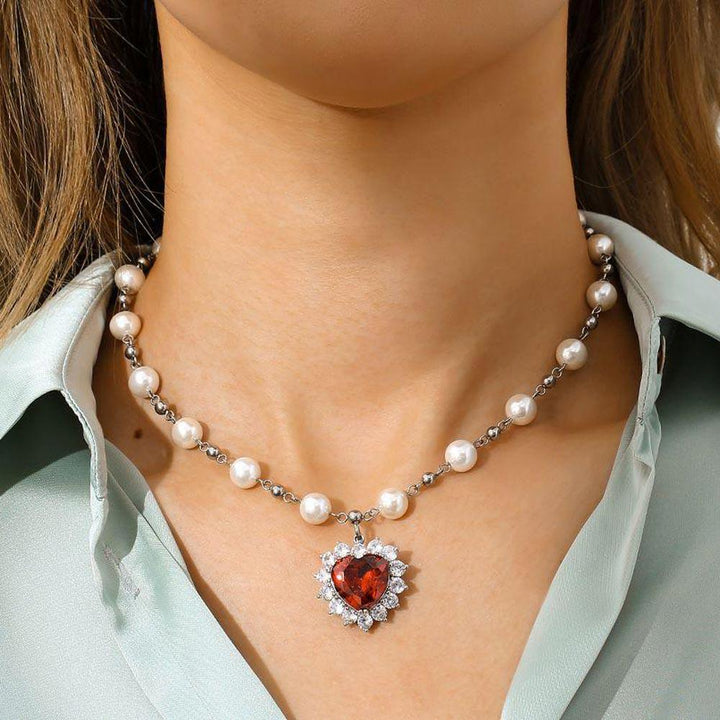 Diamond Red Ruby Pendant Pearl Necklace - Markus Dayan