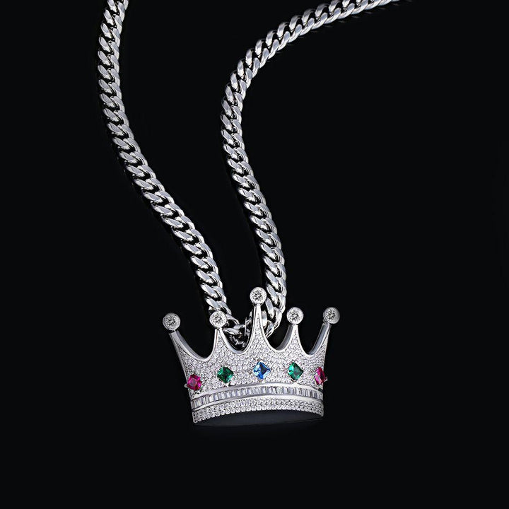 Iced Crown Pendant Necklace Gems in White Gold - Markus Dayan