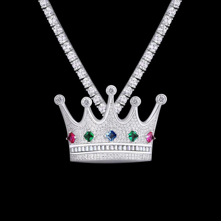 Iced Crown Pendant Necklace Gems in White Gold - Markus Dayan