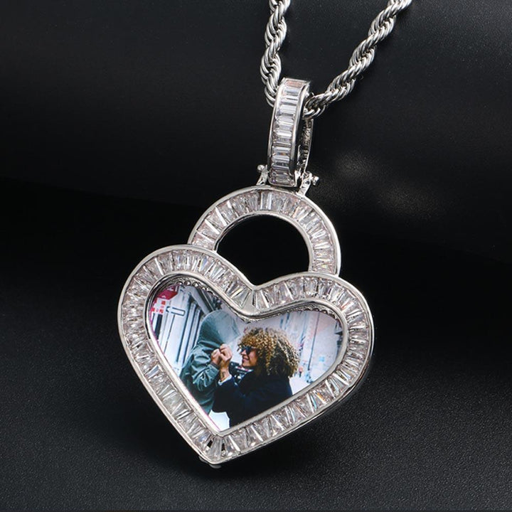 Iced Custom Heart Baguette Picture Necklace Photo Pendant in White Gold - Markus Dayan
