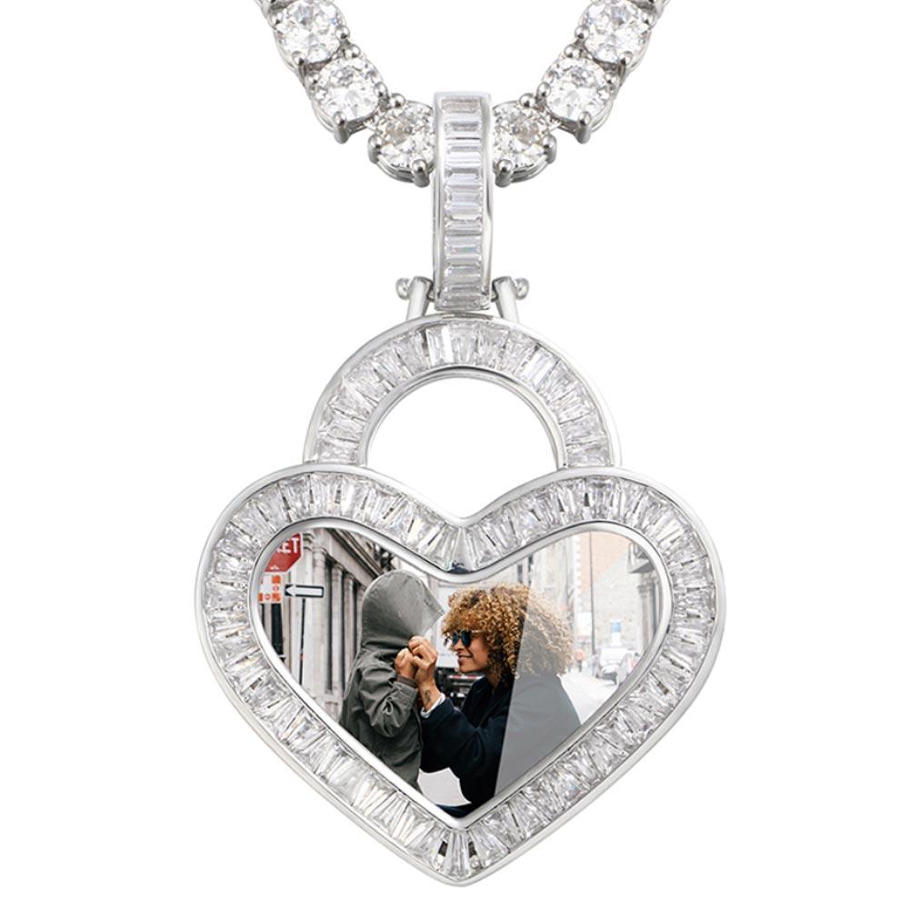 Iced Custom Heart Baguette Picture Necklace Photo Pendant in White Gold - Markus Dayan